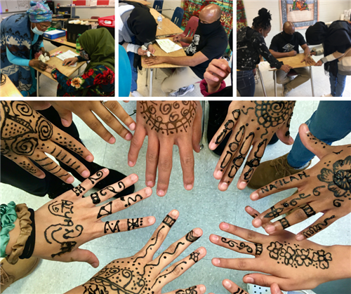 Collage of four photos showing henna work.